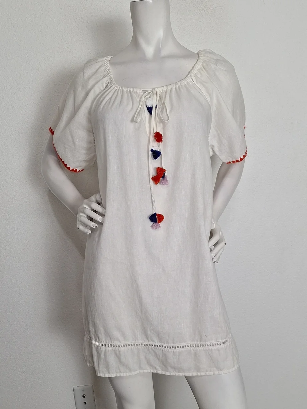 J. Crew White Red Embroidered Linen Blend Pom Pom Peasant Tunic Dress Size M